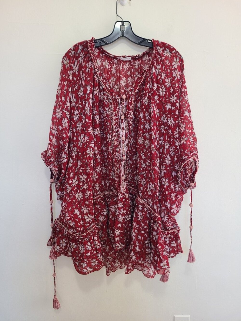 Poupette St Barth 3/4 Sleeve Red Ruffled Poncho Dress